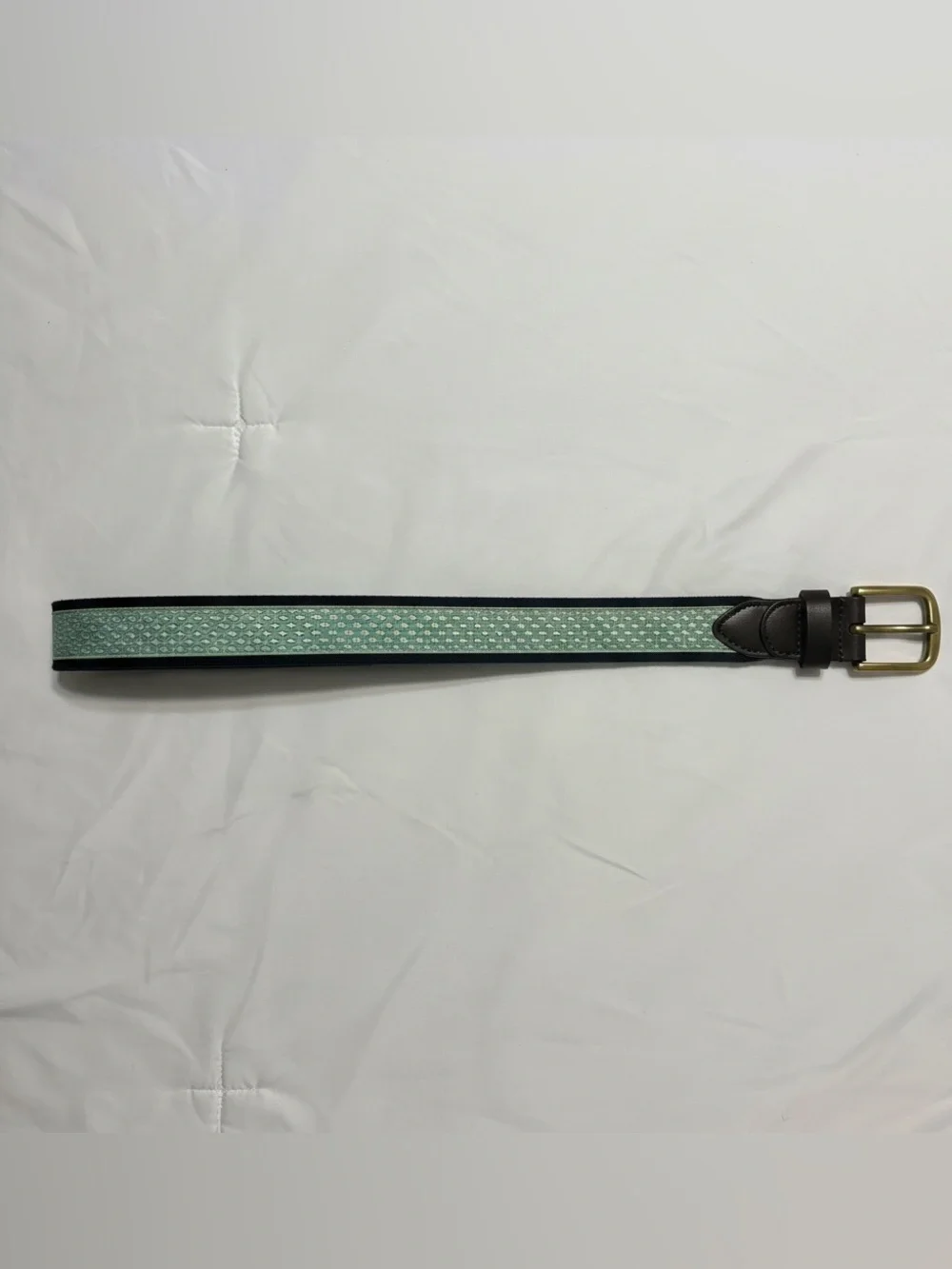 Vineyard Vines Green Patterned Webbing Belt with Dark Brown Leather